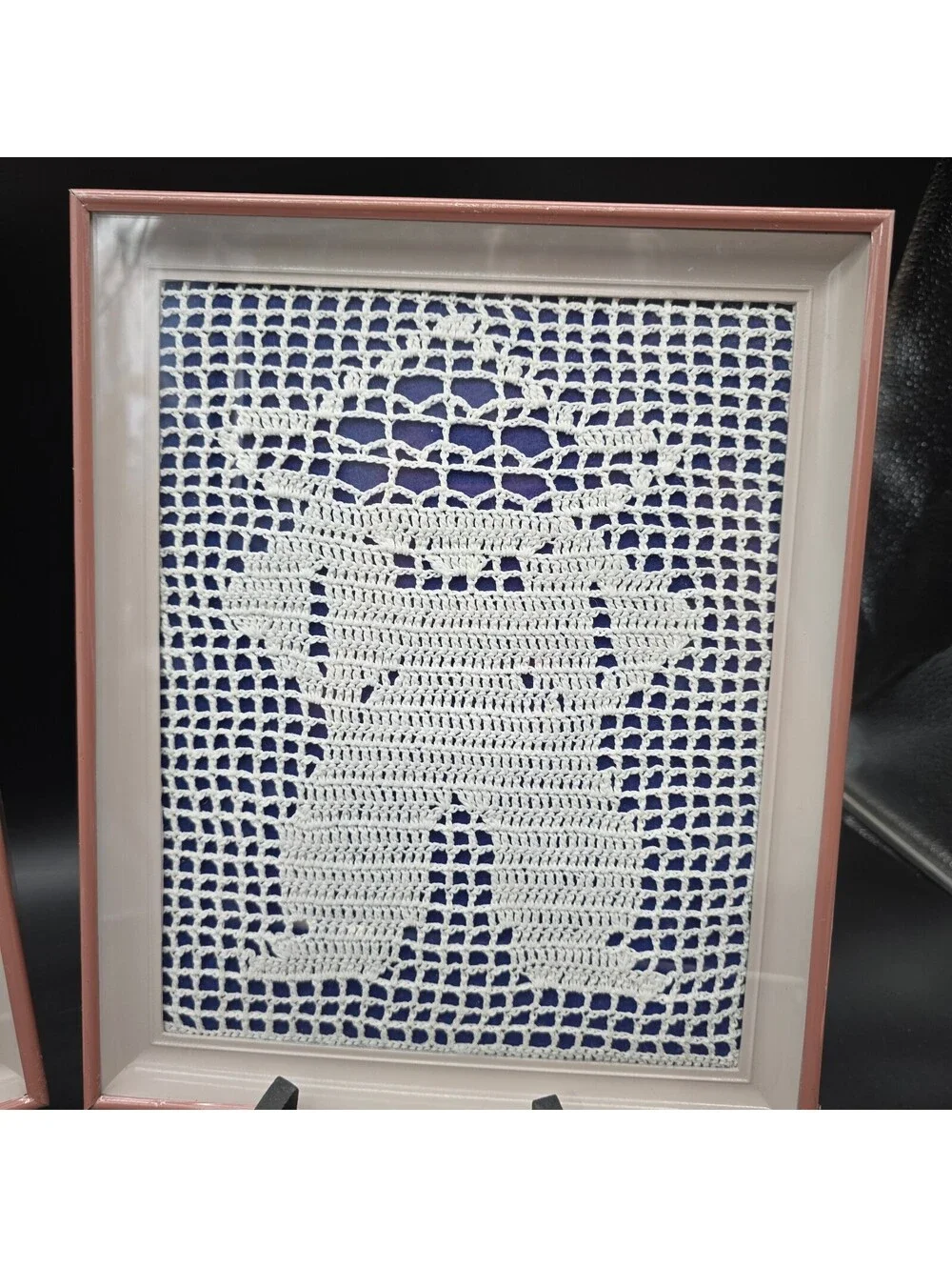 Vintage Framed Filet Crochet Wall Art Pair Boy & Girl Lace Silhouette 11.5x8.5